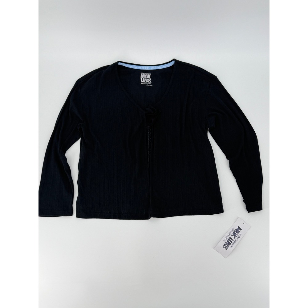 Muk Luks Womens Black Pointelle Knit Tie Front Cardigan Long Sleeve Large NWT‎